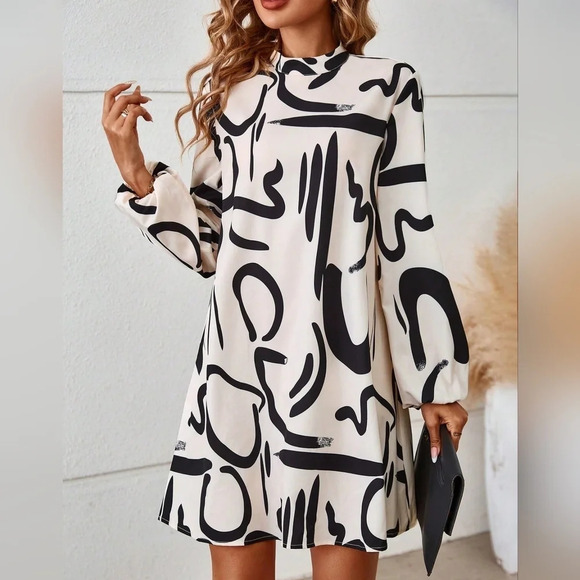Graphic Print Mock Neck Lantern Sleeve Dress - Picture 2 of 4